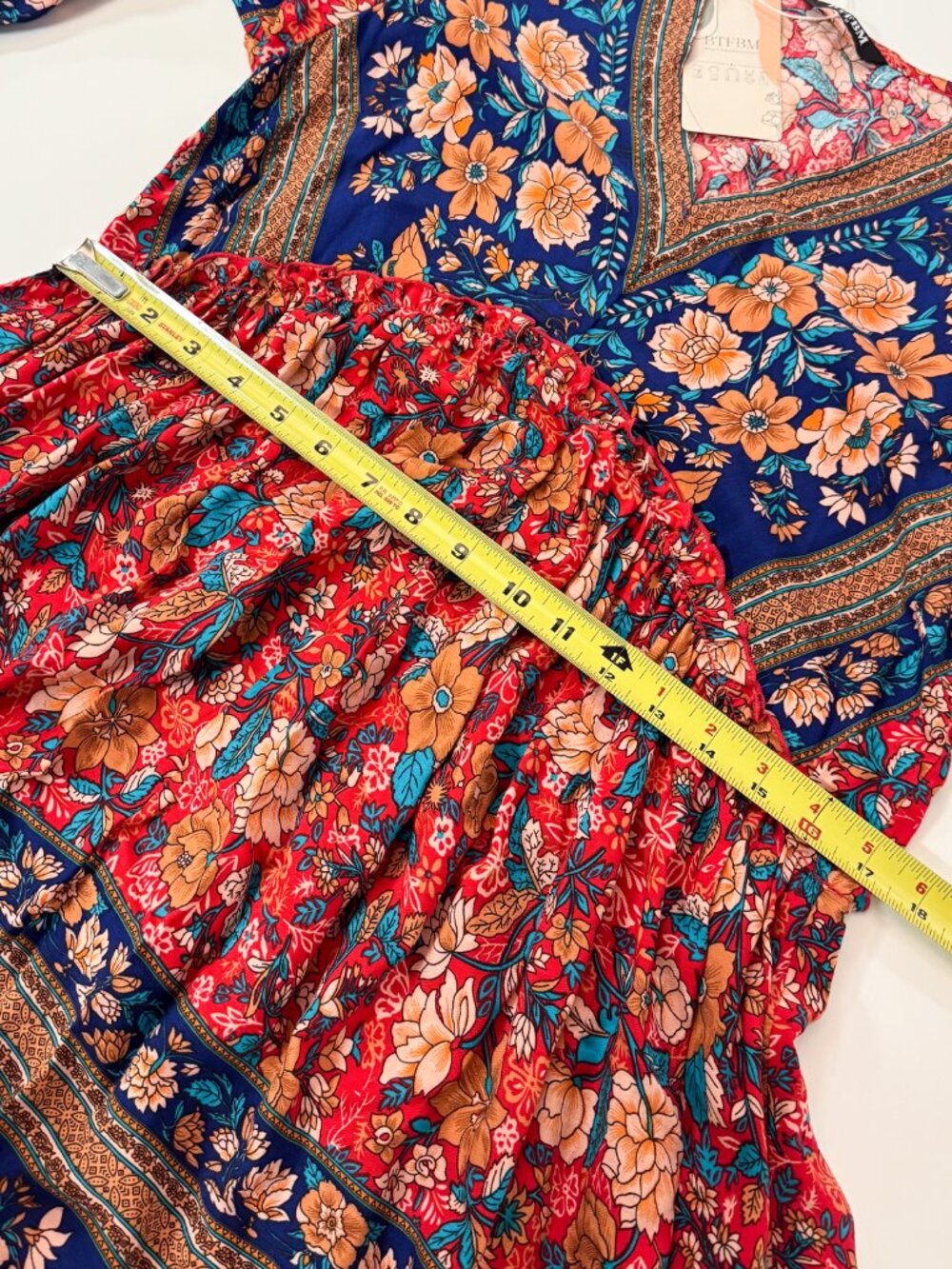 Boho Peasant Floral Mixed Pattern V-Neck Babydoll Mini Dress NWT Small Red Blue - Picture 10 of 12